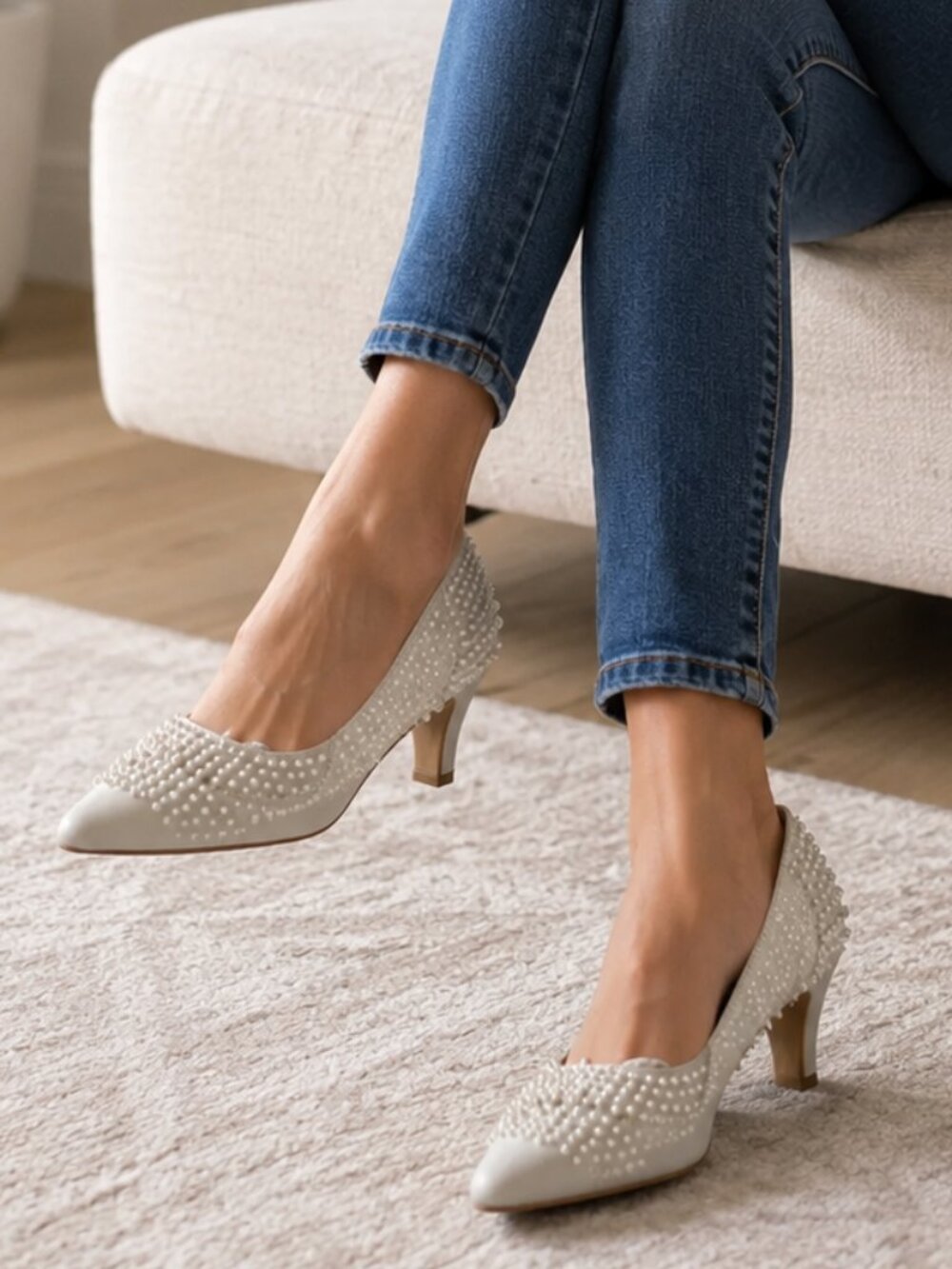 Pearl Embellished White Mid Heel Pumps Women's Size 7.5 | Elegant Pointed Toe